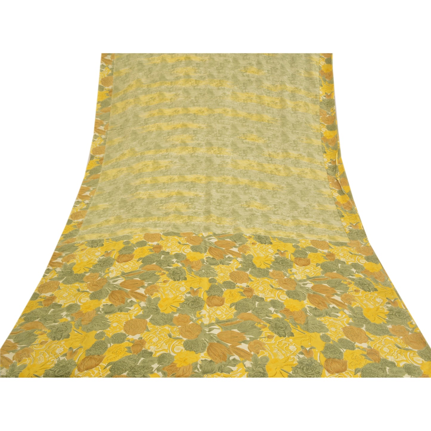 Sanskriti Vintage Green Indian Sarees Pure Crepe Silk Printed Sari Craft Sustainable Fabric