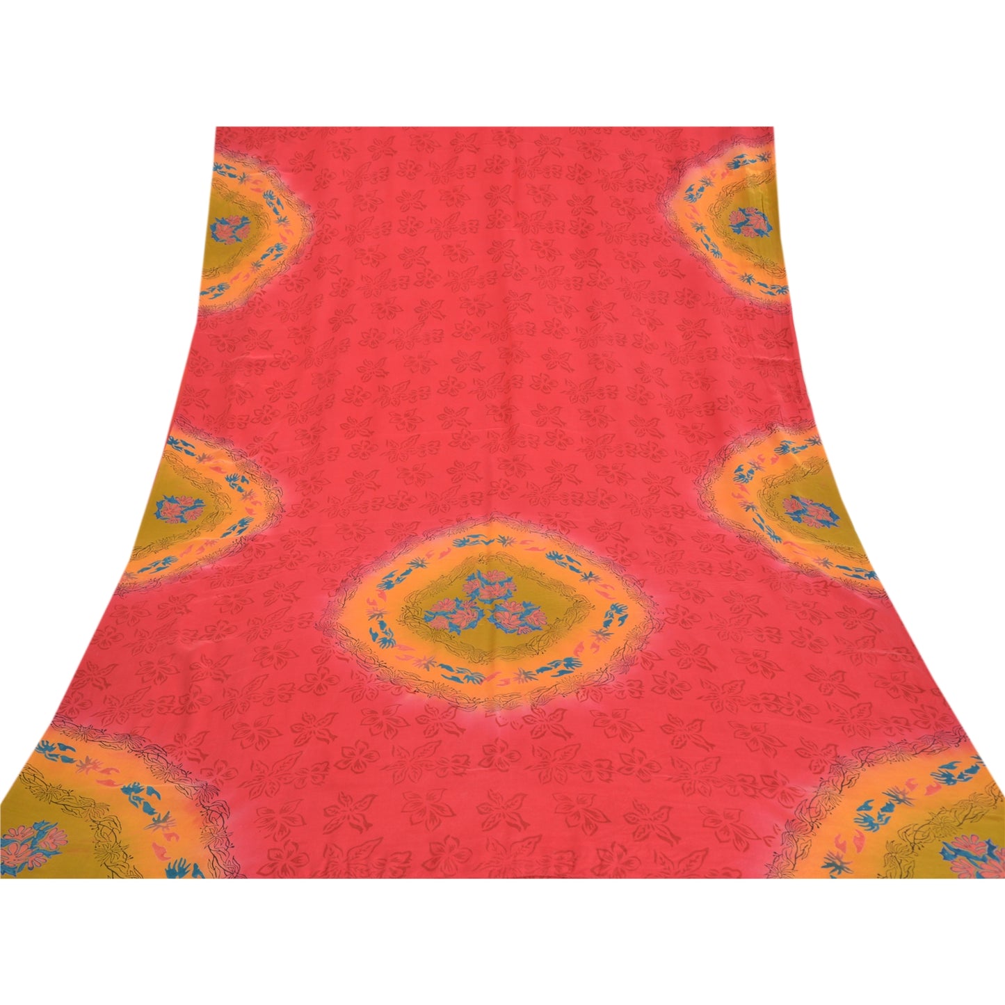 Sanskriti Vintage Scarlet Sarees Printed Pure Crepe Silk Sari 5yd Craft Sustainable Fabric