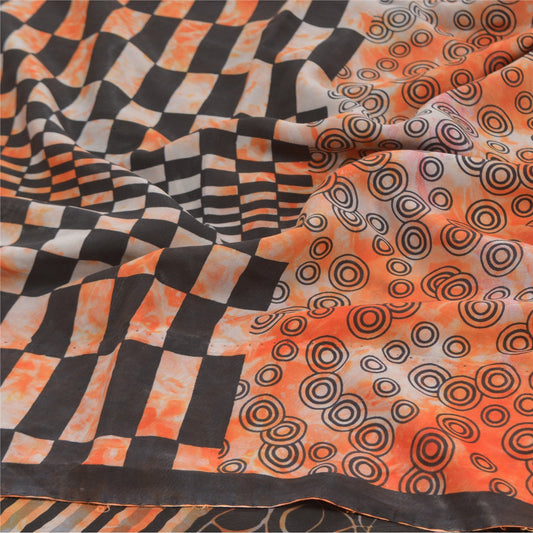 Sanskriti Vintage Tie-Dye Orange Sarees Pure Crepe Silk Print Sari Craft Sustainable Fabric