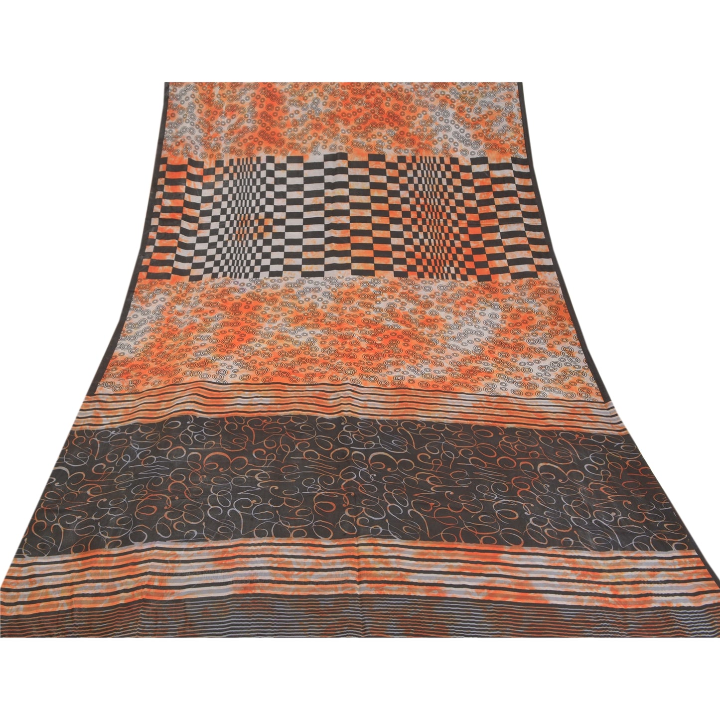 Sanskriti Vintage Tie-Dye Orange Sarees Pure Crepe Silk Print Sari Craft Sustainable Fabric