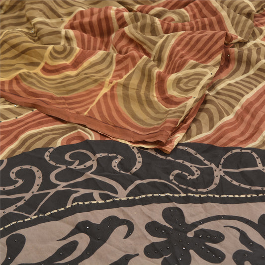 Sanskriti Vintage Brown Sarees Pure Crepe Silk Printed Sari Craft Sustainable Fabric