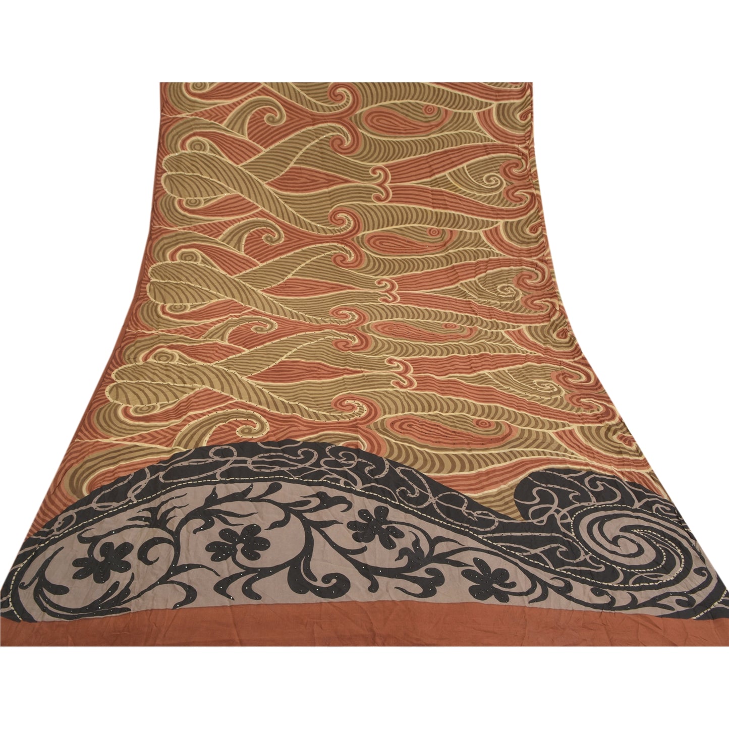 Sanskriti Vintage Brown Sarees Pure Crepe Silk Printed Sari Craft Sustainable Fabric