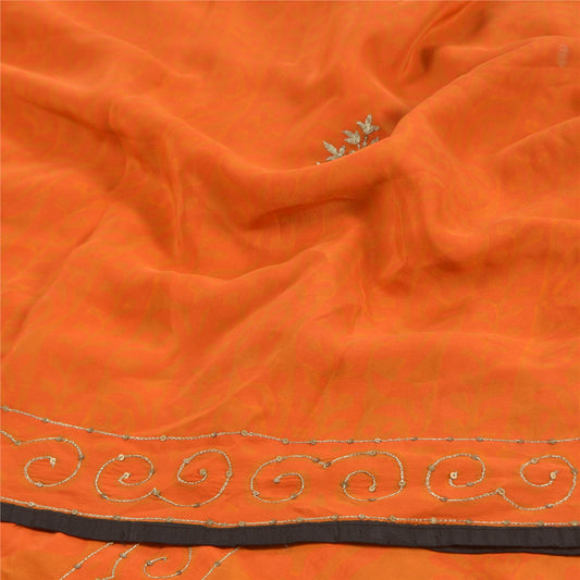 Sanskriti Vintage Orange Hand Beaded Sarees Pure Crepe Silk Sari Craft Sustainable Fabric