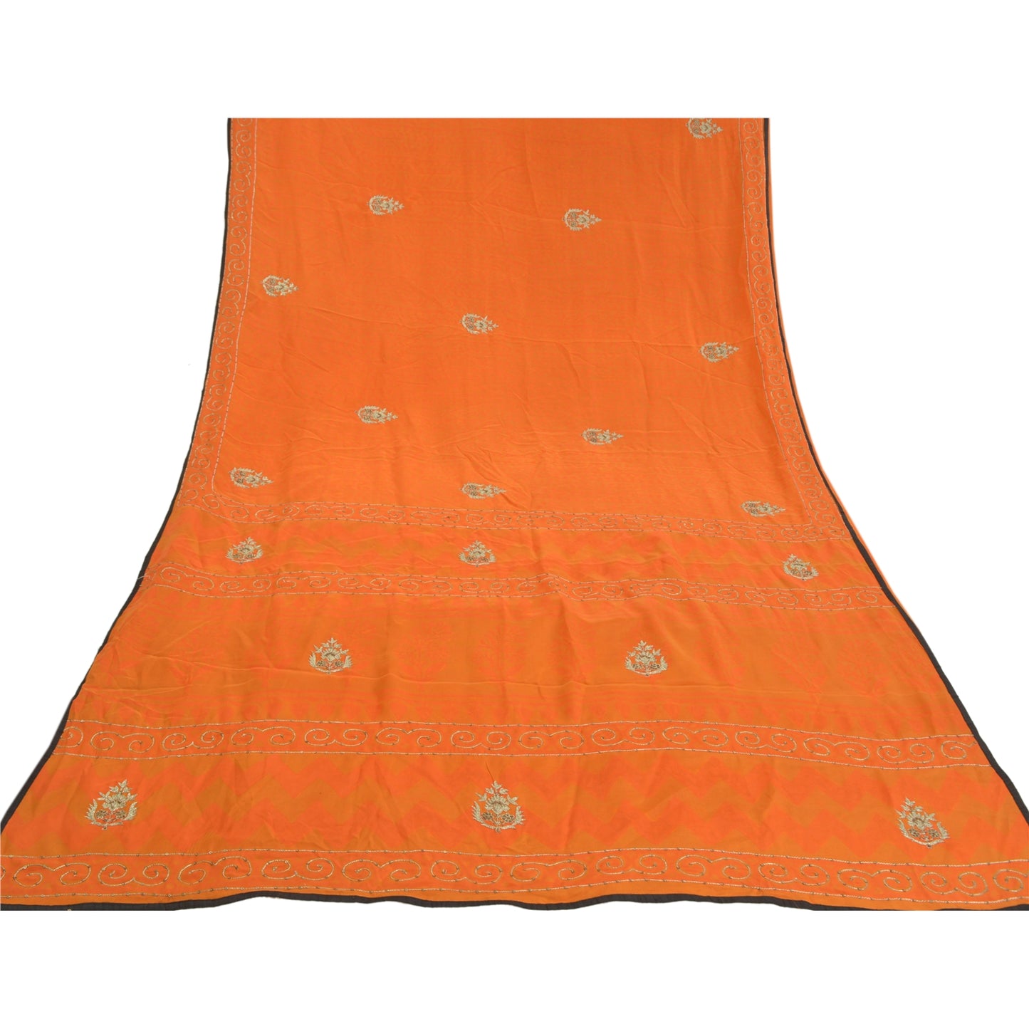 Sanskriti Vintage Orange Hand Beaded Sarees Pure Crepe Silk Sari Craft Sustainable Fabric