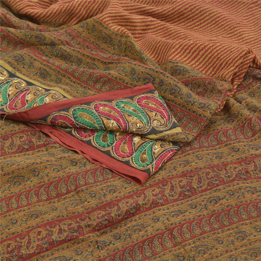 Sanskriti Vintage Red Embroidery Pure Crepe Silk Sarees Print Sari Craft Sustainable Fabric