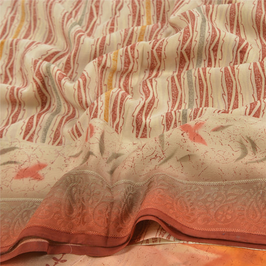 Sanskriti Vintage Peach Indian Pure Crepe Silk Sarees Printed Sari Craft Sustainable Fabric