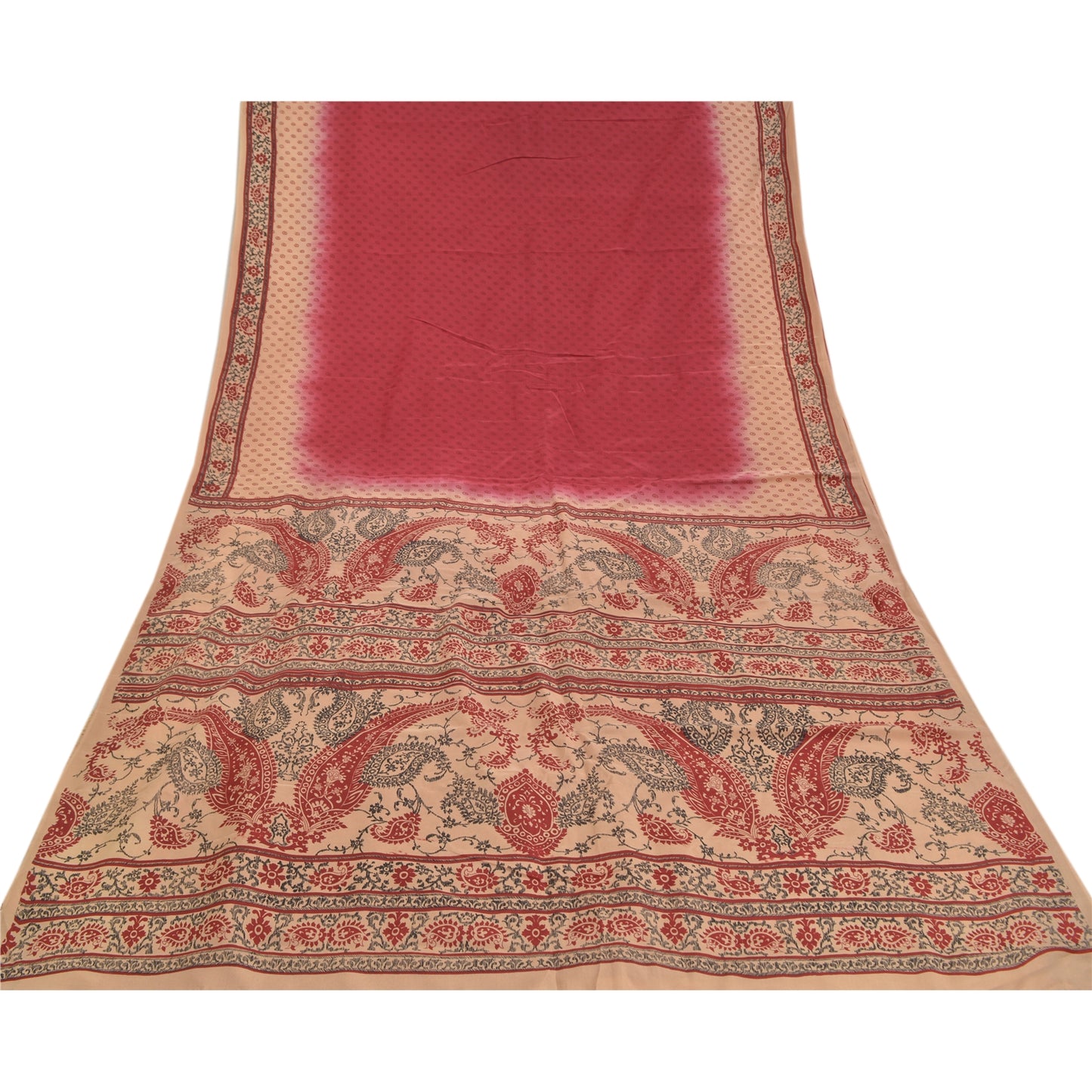 Sanskriti Vintage Dark Red Sarees Pure Crepe Silk Printed Sari Soft Craft Sustainable Fabric