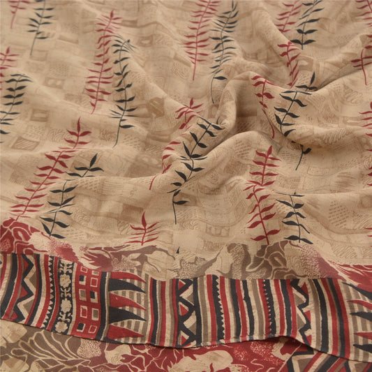 Sanskriti Vintage Red Sarees Pure Crepe Silk Printed Sari Soft 5YD Craft Sustainable Fabric