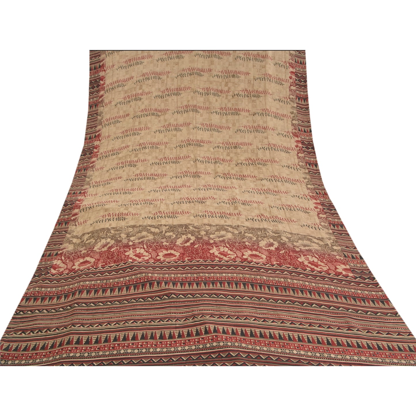 Sanskriti Vintage Red Sarees Pure Crepe Silk Printed Sari Soft 5YD Craft Sustainable Fabric