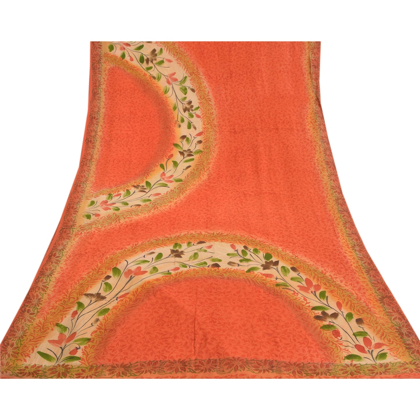 Sanskriti Vintage Orange Sarees 100% Pure Crepe Silk Printed Sari Craft Sustainable Fabric