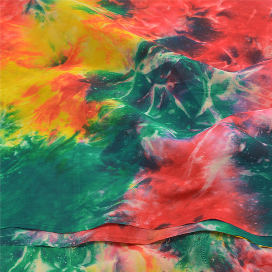 Sanskriti Vintage Red Tie-Dye Hand Beaded Sarees Pure Crepe Silk Sari 5yd Sustainable Fabric
