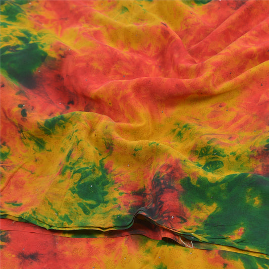 Sanskriti Vintage Red Tie-Dye Hand Beaded Sarees Pure Crepe Silk Sari 5yd Sustainable Fabric