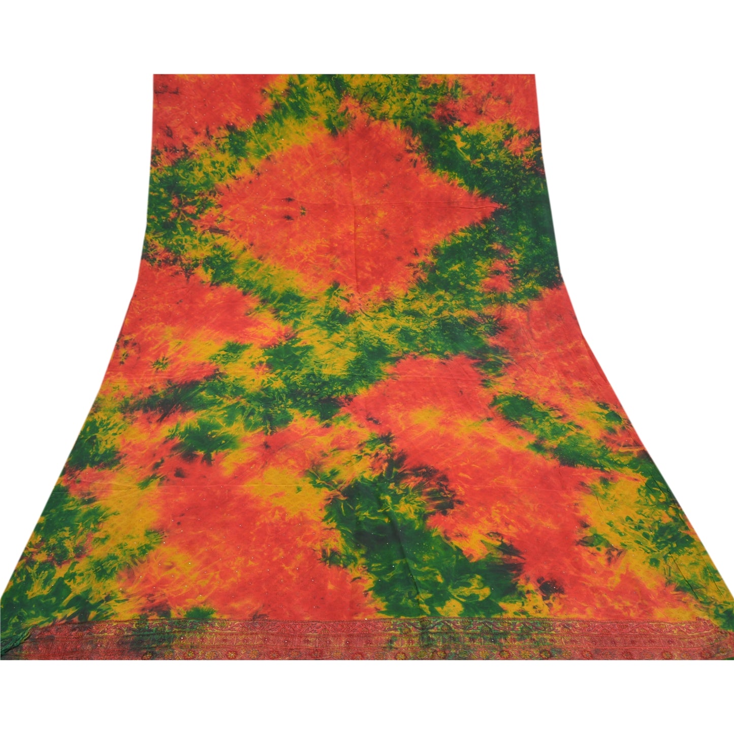 Sanskriti Vintage Red Tie-Dye Hand Beaded Sarees Pure Crepe Silk Sari 5yd Sustainable Fabric