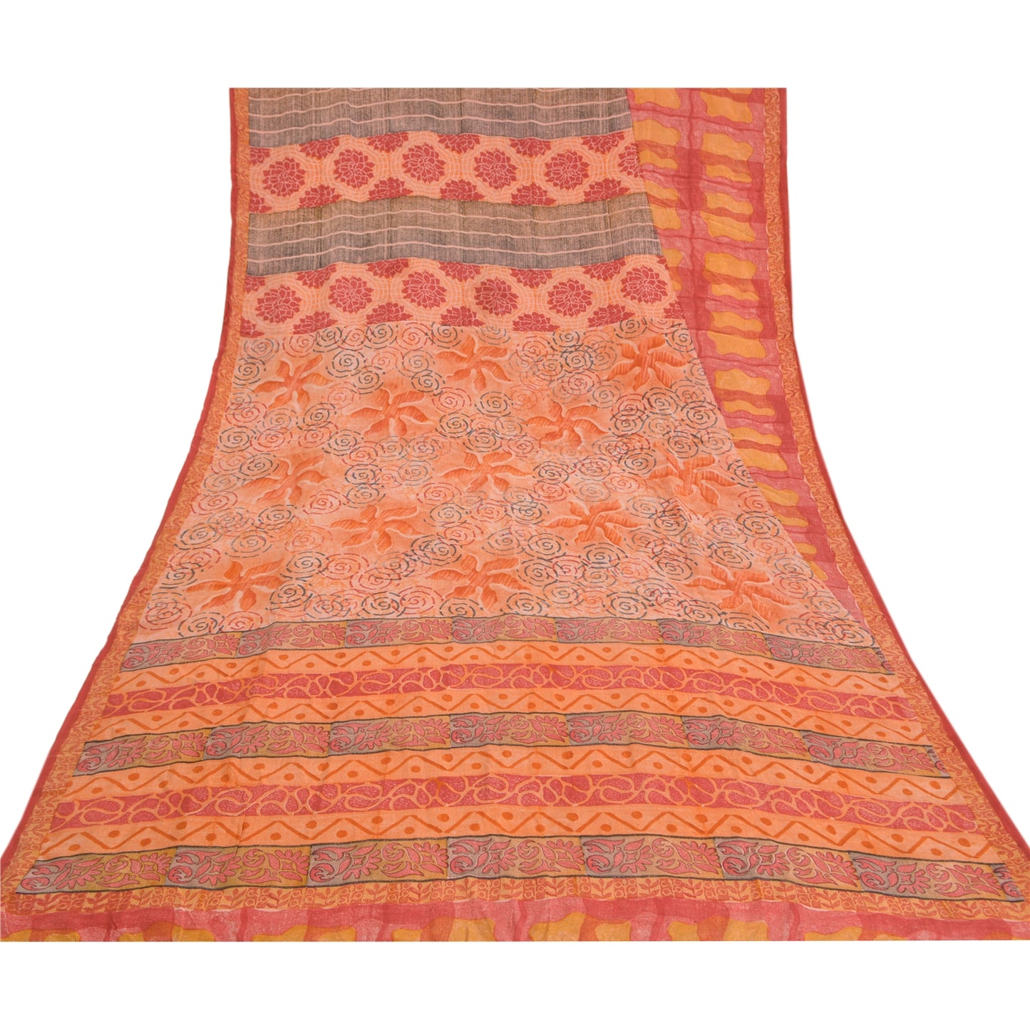 Sanskriti Vintage Red Indian Sarees Pure Crepe Silk Printed Sari Craft Sustainable Fabric