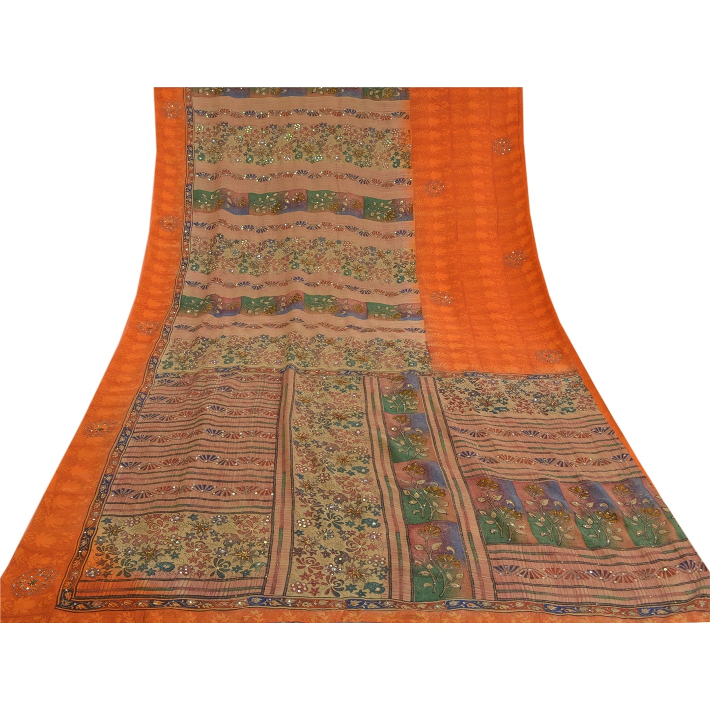 Sanskriti Vintage Green Indian Sarees Pure Crepe Silk Printed Sari Craft Sustainable Fabric