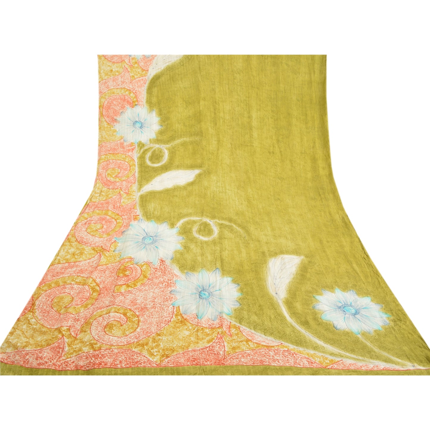 Sanskriti Vintage Green Indian Sarees Pure Crepe Silk Sari Soft 5yd Craft Sustainable Fabric