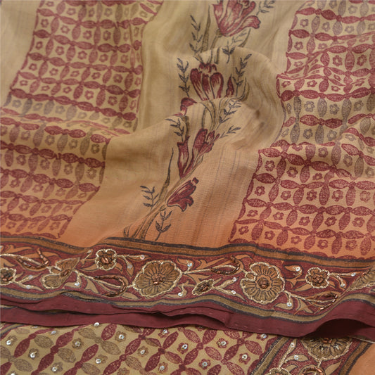 Sanskriti Vintage Dark Red Hand Beaded Sarees Pure Crepe Silk Sari Craft Sustainable Fabric