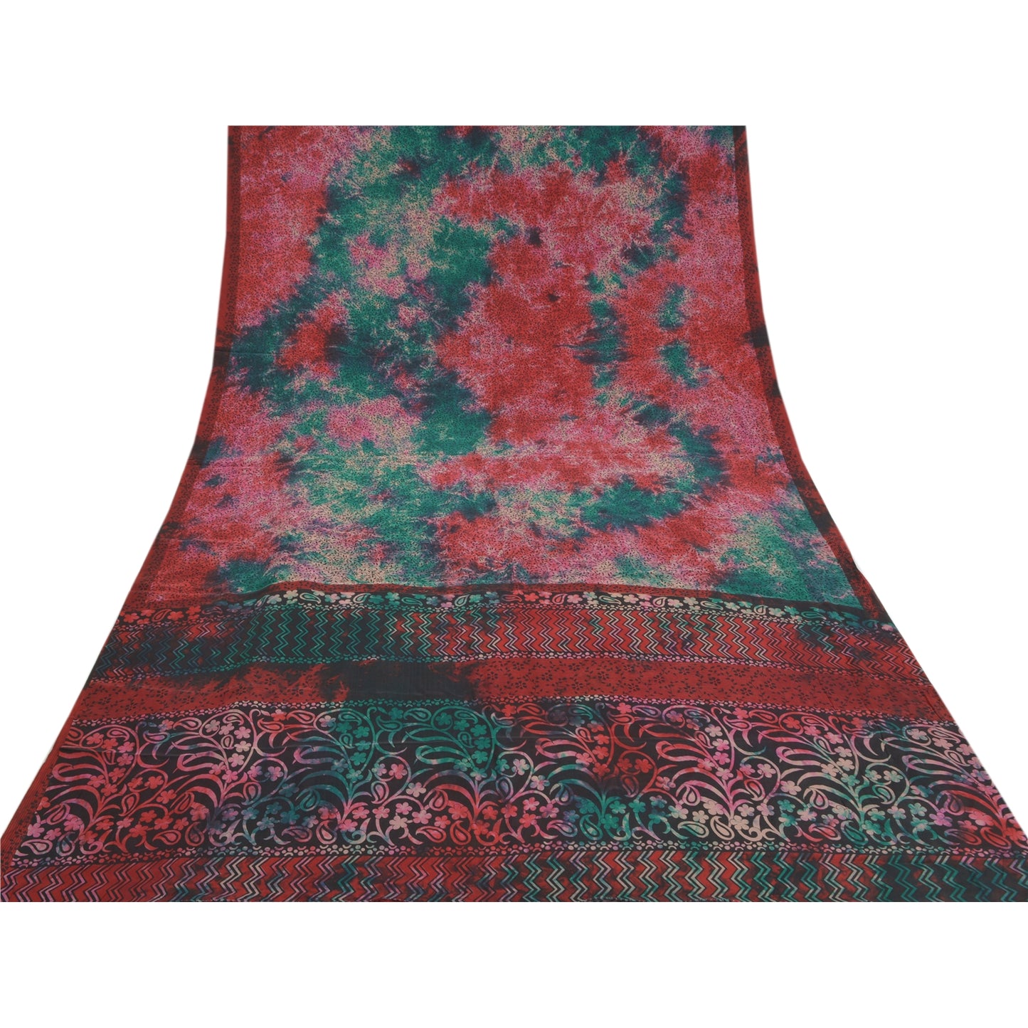 Sanskriti Vintage Red Tie-Dye Sarees Pure Crepe Silk Printed Sari Craft Sustainable Fabric