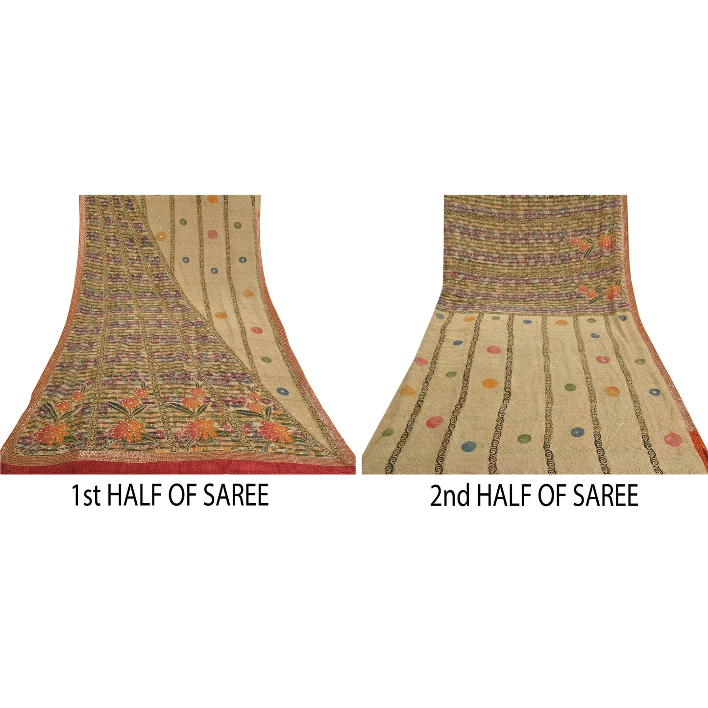 Санскритские винтажные многоразовые сари с ручным бисером, напечатанные вручную, сари из чистого крепированного шелка, устойчивая ткань