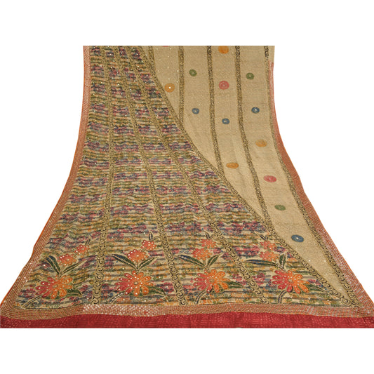 Sanskriti Vintage Multi Hand Beaded Printed Sarees Pure Crepe Silk Sari Sustainable Fabric