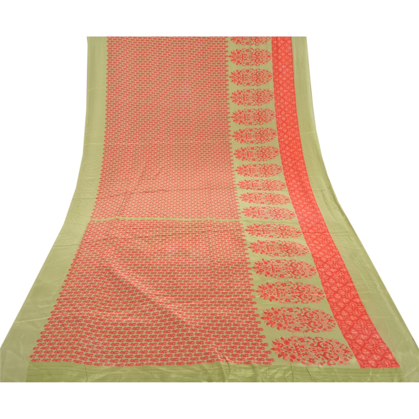 Sanskriti Vintage Green Indian Sarees Crepe Printed Sari 5yd Soft Craft Sustainable Fabric