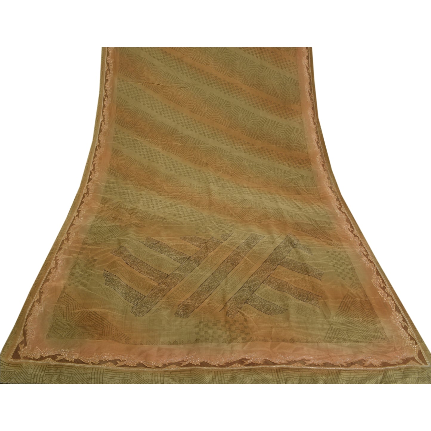 Sanskriti Vintage Green Sarees Pure Crepe Silk Printed Sari Floral Craft Sustainable Fabric