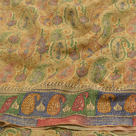 Sanskriti Vintage Beige Sarees Pure Crepe Silk Printed Sari Craft Sustainable Fabric