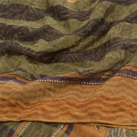 Sanskriti Vintage Green Sarees Pure Crepe Silk Printed Sari Craft Sustainable Fabric