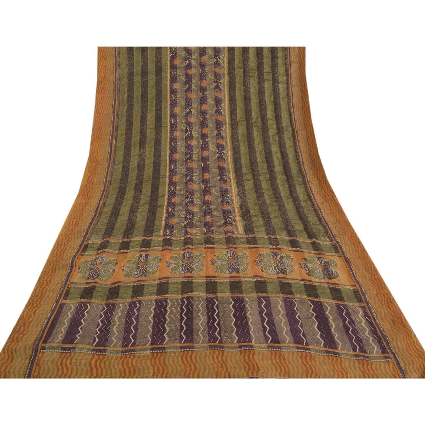 Sanskriti Vintage Green Sarees Pure Crepe Silk Printed Sari Craft Sustainable Fabric