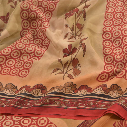 Sanskriti Vintage Beige Sarees Pure Crepe Silk Printed Sari Craft Sustainable Fabric