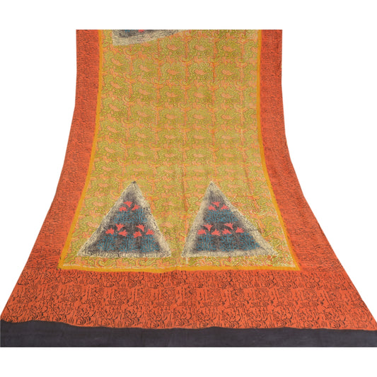 Sanskriti Vintage Sari 100% Pure Crepe Silk Green/Orange Saree Printed 5yd Craft Fabric Create-Floral Dresses, Kaftans, Skirts, Tops,