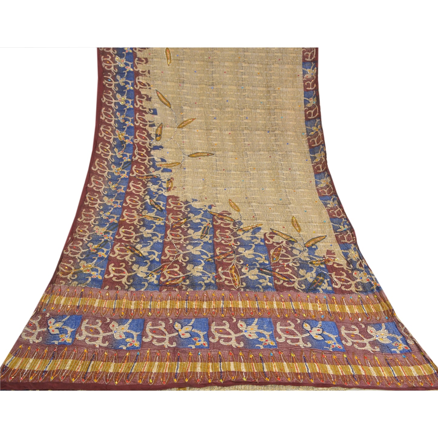 Sanskriti Vintage Multi Hand Beaded Sarees Pure Crepe Silk Printed Sari Sustainable Fabric