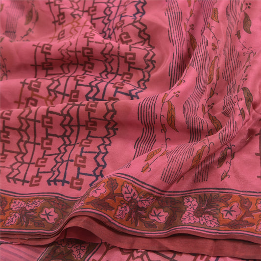 Sanskriti Vintage Pink Sarees Pure Crepe Silk Printed Sari 5yd Soft Craft Sustainable Fabric