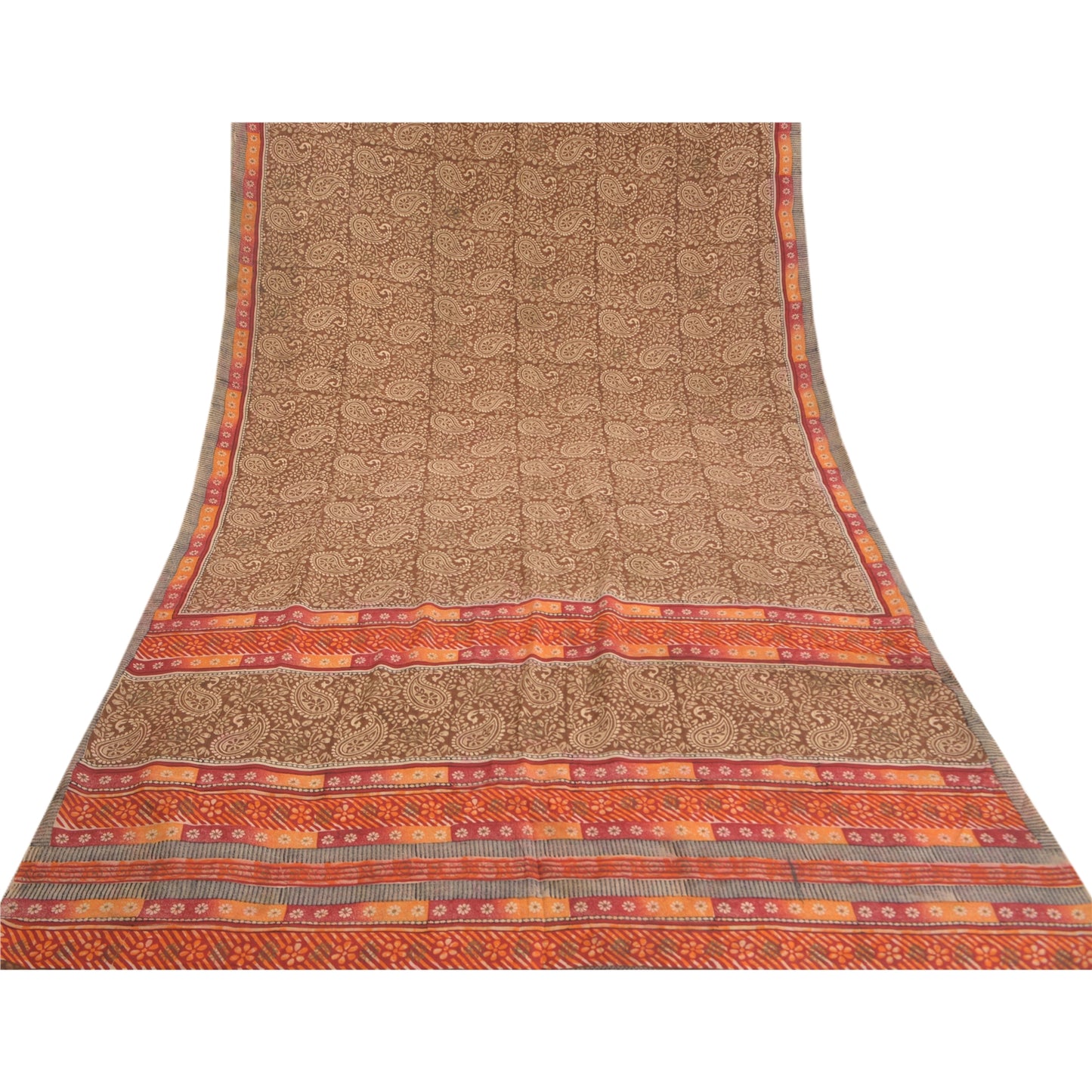 Sanskriti Vintage Sarees Brown Pure Crepe Silk Printed Sari Floral Craft Sustainable Fabric