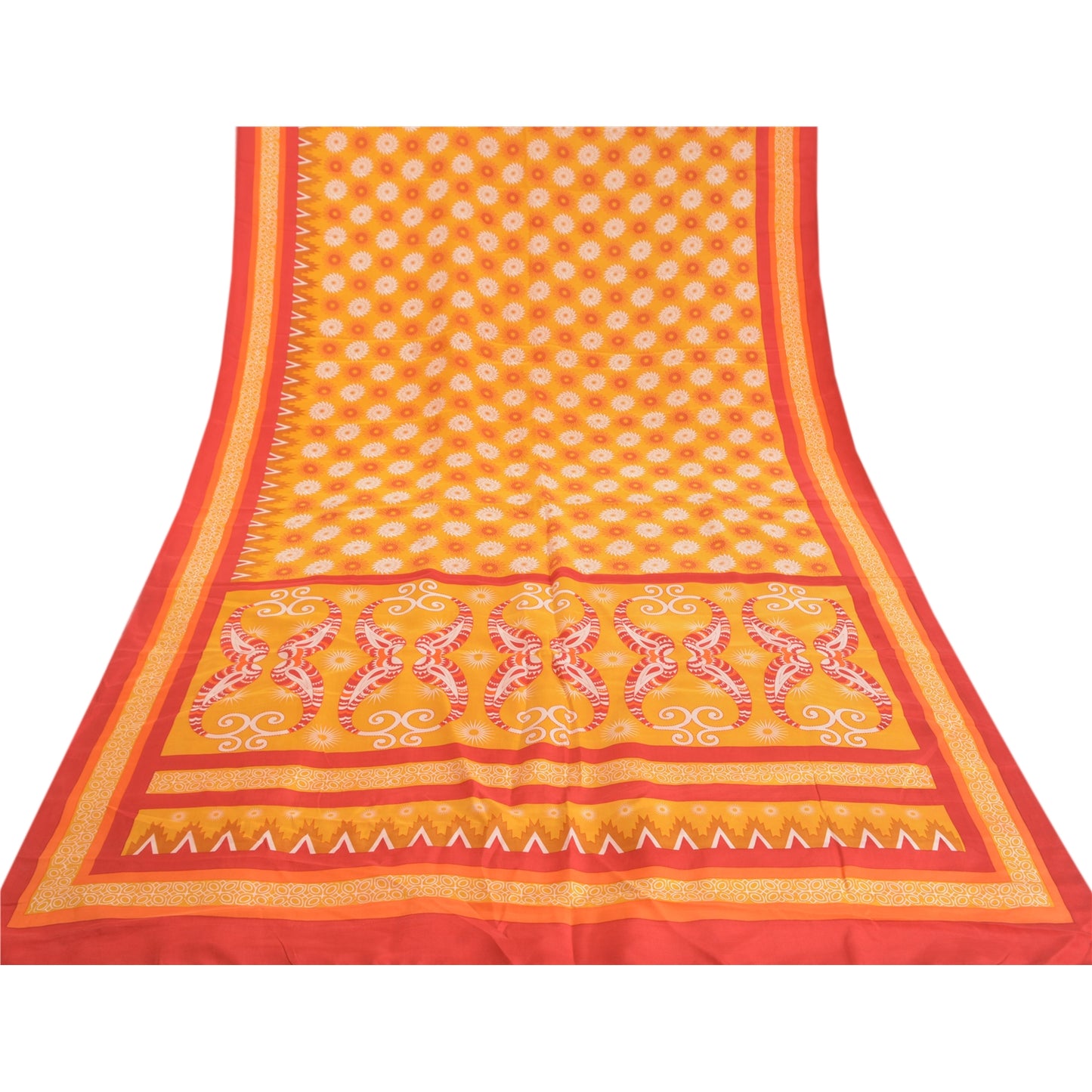 Sanskriti Vintage Sarees Yellow Pure Crepe Silk Printed Sari 5yd Craft Sustainable Fabric