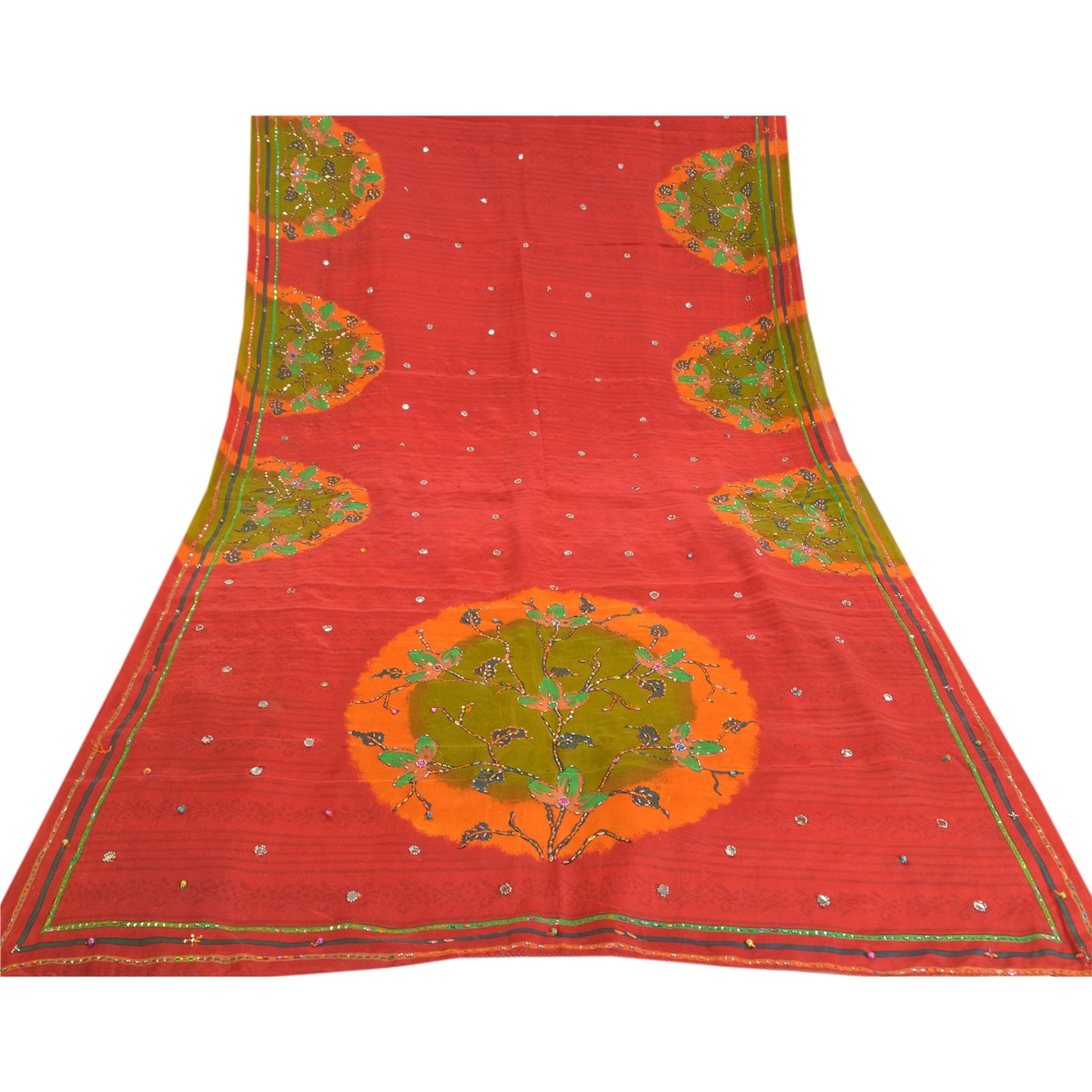 Sanskriti Vintage Red Hand Beaded Sarees Pure Crepe Silk Print Sari Craft Sustainable Fabric