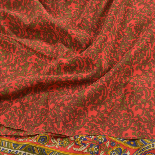 Sanskriti Vintage Red Sarees Pure Crepe Silk Printed Sari Soft 5yd Craft Sustainable Fabric