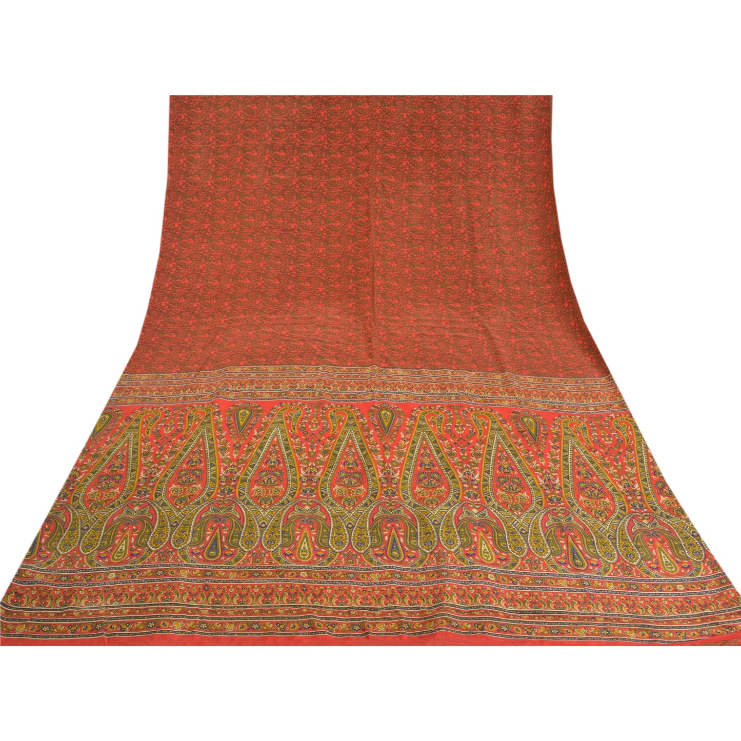 Sanskriti Vintage Red Sarees Pure Crepe Silk Printed Sari Soft 5yd Craft Sustainable Fabric