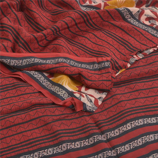 Sanskriti Vintage Dark Red Sarees Pure Crepe Silk Printed Sari Craft Sustainable Fabric