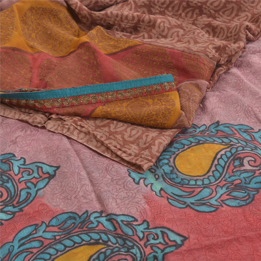 Sanskriti Vintage Brown Sarees Pure Crepe Silk Printed Woven Sari Patch Sustainable Fabric