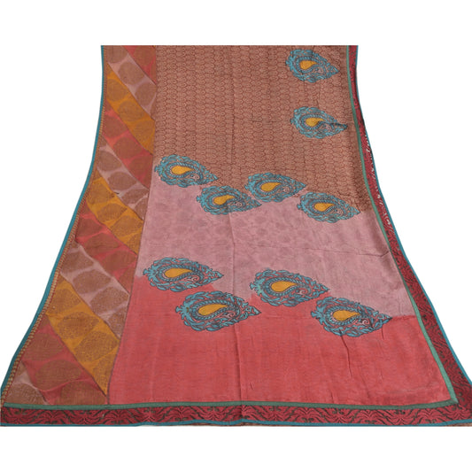 Sanskriti Vintage Brown Sarees Pure Crepe Silk Printed Woven Sari Patch Sustainable Fabric