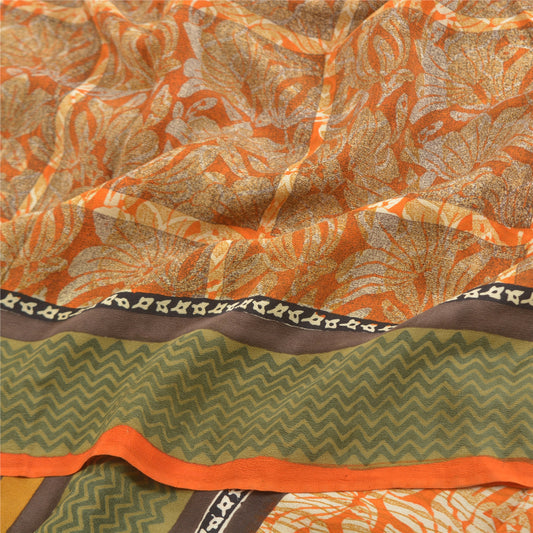 Sanskriti Vintage Orange Sarees Pure Crepe Silk Printed Sari Soft Craft Sustainable Fabric