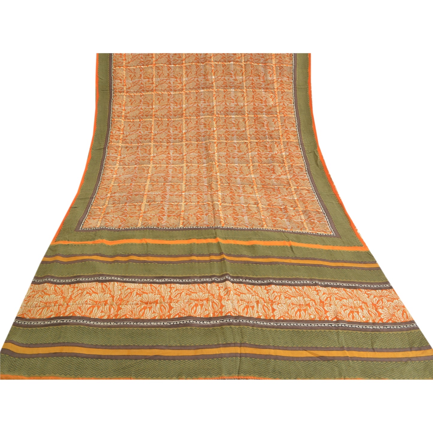 Sanskriti Vintage Orange Sarees Pure Crepe Silk Printed Sari Soft Craft Sustainable Fabric