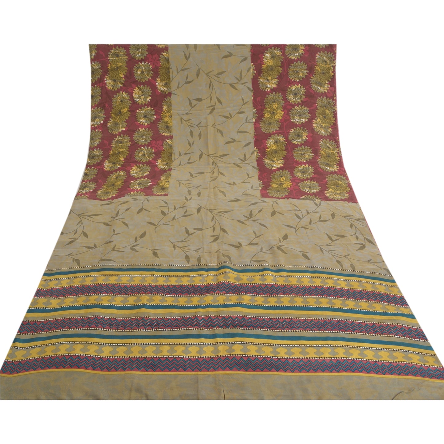 Sanskriti Vintage Green Sarees 100% Pure Crepe Silk Printed Sari Craft Sustainable Fabric