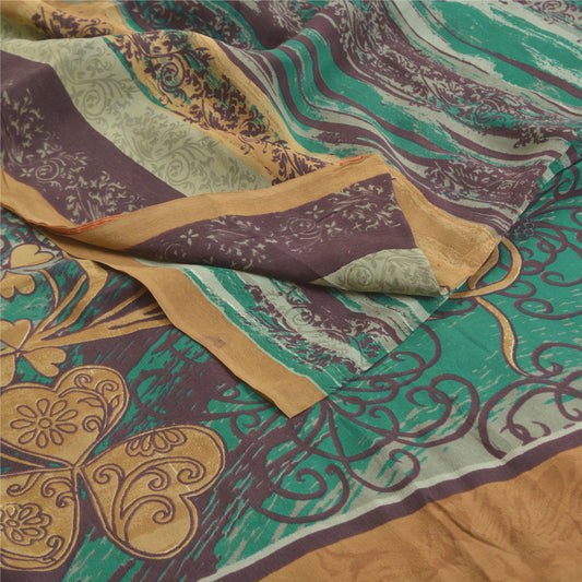 Sanskriti Vintage Green Sarees 100% Pure Crepe Silk Printed Sari Craft Sustainable Fabric