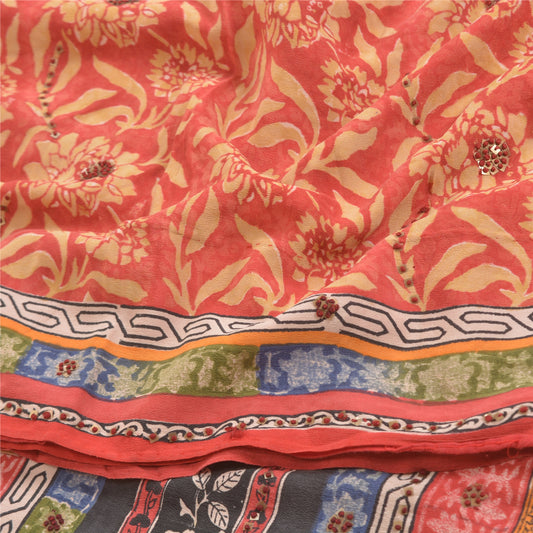 Sanskriti Vintage Red Sarees 100% Pure Crepe Silk Printed Sari Craft Sustainable Fabric