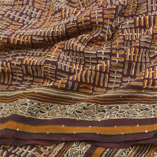 Sanskriti Vintage Brown Hand Beaded Sarees Pure Crepe Silk Sari 5yd Craft Sustainable Fabric