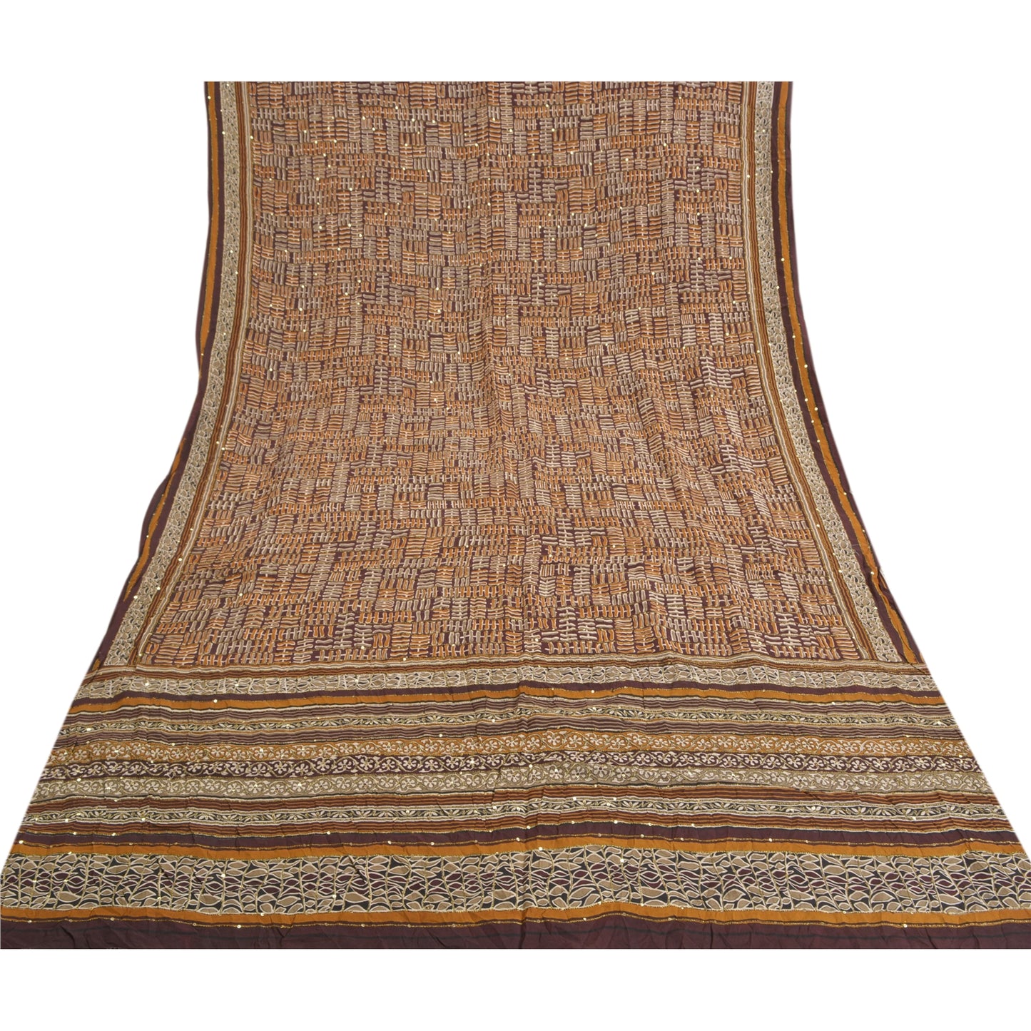 Sanskriti Vintage Brown Hand Beaded Sarees Pure Crepe Silk Sari 5yd Craft Sustainable Fabric