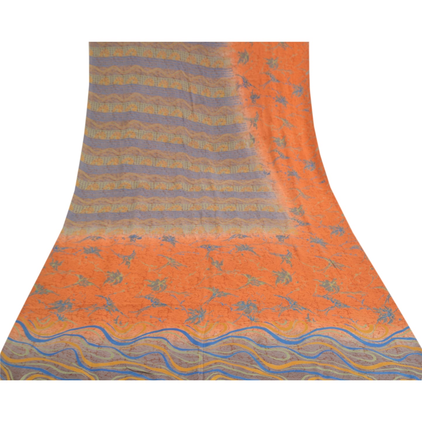 Sanskriti Vintage Orange Sarees Pure Crepe Silk Printed Sari Soft Craft Sustainable Fabric