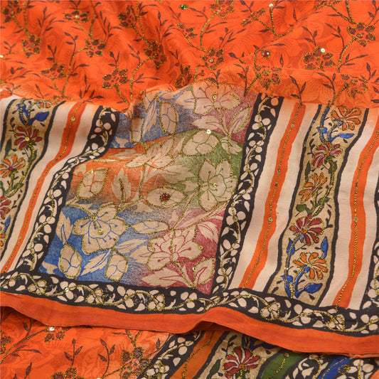 Sanskriti Vintage Orange Hand Beaded Printed Sarees Pure Crepe Silk Sari Sustainable Fabric